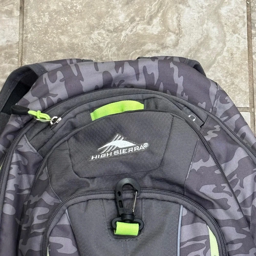 High Sierra Grey Camo Backpack Lime Green Suspension Strap School Hiking Bag